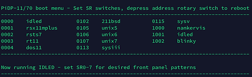 PiDP-11 boot menu showing multiple operating systems including Unix, BSD, and RSX-11M